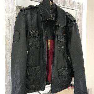 Leather Superdry Jacket with Fold Down Collar XL